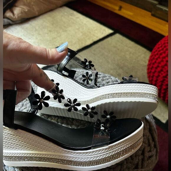 Macy's Black Floral Wedge Sandals - Picture 8 of 11